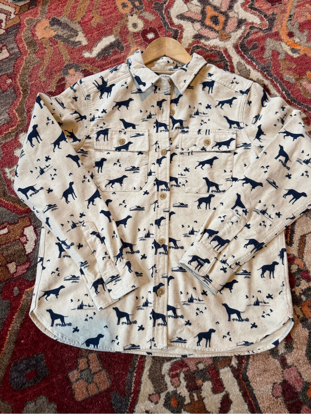 L.L. Bean Cream Button-Down Shirt with Navy Dog Print - Picture 2 of 4